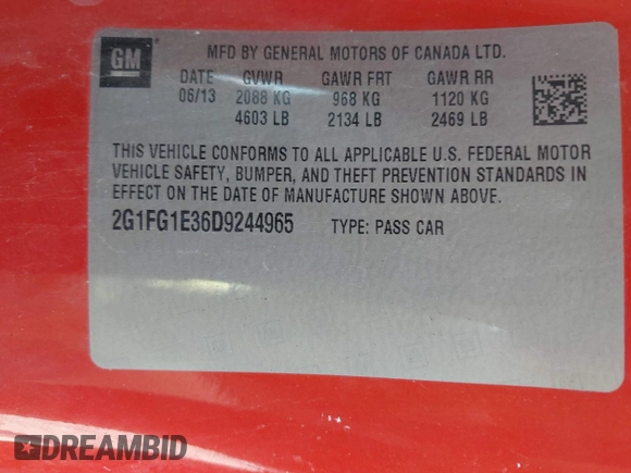 2013 Chevrolet Camaro LT z VIN 2G1FG1E36D9244965, wystawiony jako IAAI lot #40058994 z przebiegiem 75 344 mil mil oraz . Historia ofert i sprzedaży dostępna na DreamBid. Obrazek 9.