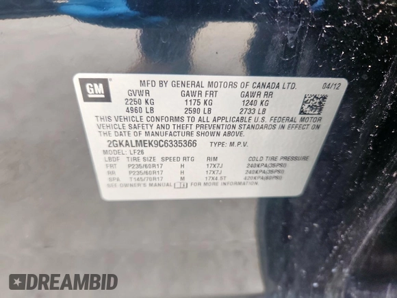 2012 GMC Terrain SLE-1 with VIN 2GKALMEK9C6335366, listed as a Copart auction lot 60083415 with 82,374 mi miles and Clean title. Bid and sale history available at DreamBid. Image 13.