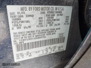 2003 Ford Escape XLS Popular with VIN 1FMYU92143KB89726, listed as a IAAI auction lot 42002613 with 95,586 mi miles. Bid and sale history available at carsss.com. Image 9.