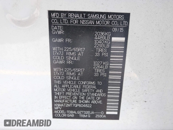 2016 Nissan Rogue S with VIN KNMAT2MT7GP604822, listed as a IAAI auction lot 41928614 with 95,596 mi miles and . Bid and sale history available at DreamBid. Image 9.