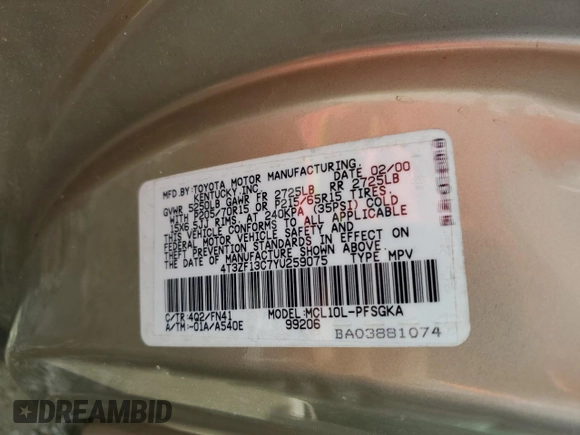 2000 Toyota Sienna LE z VIN 4T3ZF13C7YU259075, wystawiony jako Copart lot #58416105 z przebiegiem 235 788 mil mil oraz Szkoda całkowita • Salvage title. Historia ofert i sprzedaży dostępna na DreamBid. Obrazek 13.