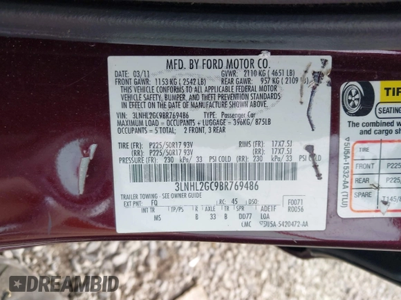 2011 Lincoln MKZ with VIN 3LNHL2GC9BR769486, listed as a IAAI auction lot 41191841 with 59,087 mi miles. Bid and sale history available at carsss.com. Image 9.
