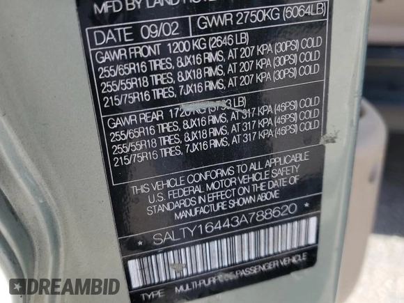 2003 Land Rover Discovery with VIN SALTY16443A788620, listed as a Copart auction lot 86194884 with 264,612 mi miles and Salvage Title. Bid and sale history available at DreamBid. Image 13.
