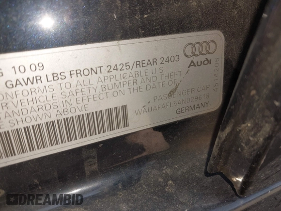 2010 Audi A4 Premium с VIN WAUAFAFL5AN029618, выставлен на аукционе IAAI как лот 42161647 с пробегом 184 028 миль миль и . История ставок и продаж доступна на DreamBid. Изображение 9.