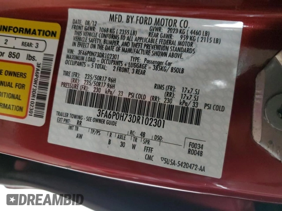 2013 Ford Fusion SE with VIN 3FA6P0H73DR102301, listed as a Copart auction lot 46569615 with 269,095 mi miles and Clean Title. Bid and sale history available at carsss.com. Image 12.