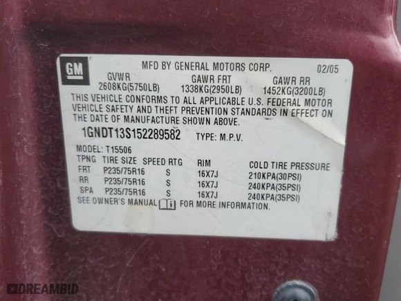 2005 Chevrolet TrailBlazer LS with VIN 1GNDT13S152289582, listed as a Copart auction lot 47803585 with NaN miles and Salvage Title. Bid and sale history available at carsss.com. Image 13.