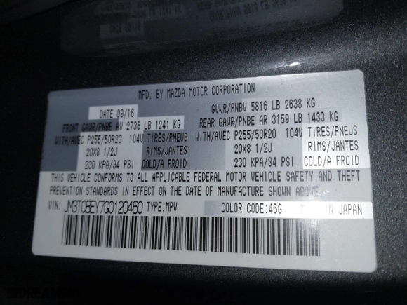 2016 Mazda CX-9 Signature with VIN JM3TCBEY7G0120460, listed as a IAAI auction lot 41913584 with 114,901 mi miles. Bid and sale history available at carsss.com. Image 9.