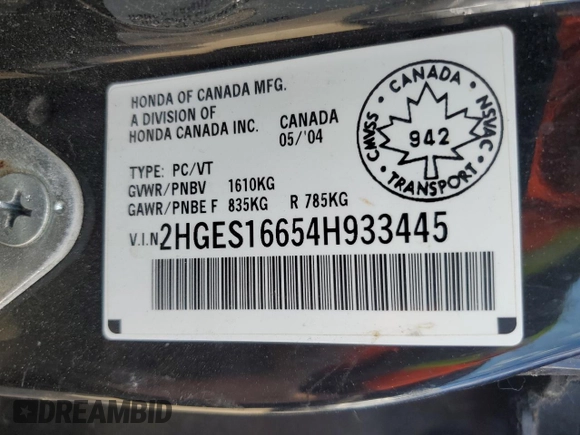 2004 Honda Civic LX z VIN 2HGES16654H933445, wystawiony jako Copart lot #60132685 z przebiegiem Nie podano mil oraz Nie do naprawy • Non repairable. Historia ofert i sprzedaży dostępna na DreamBid. Obrazek 13.