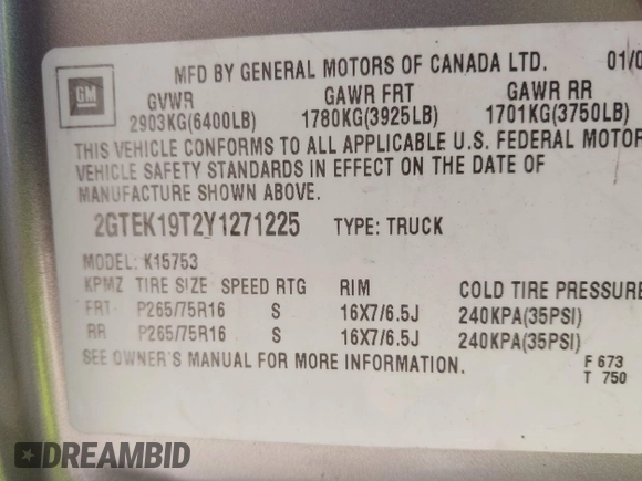 2000 GMC Sierra 1500 SLE with VIN 2GTEK19T2Y1271225, listed as a IAAI auction lot 41810298 with 223,957 mi miles and . Bid and sale history available at DreamBid. Image 9.