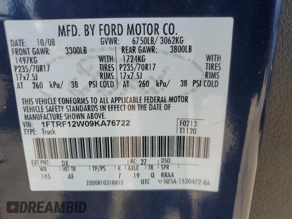 2009 Ford F-150 XL with VIN 1FTRF12W09KA76722, listed as a Copart auction lot 51442745 with 193,584 mi miles and Clean Title. Bid and sale history available at carsss.com. Image 12.