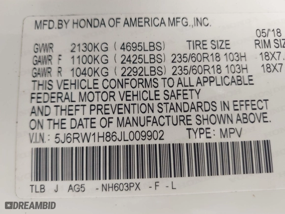 2018 Honda CR-V EX-L with VIN 5J6RW1H86JL009902, listed as a IAAI auction lot 41905294 with 115,686 mi miles. Bid and sale history available at carsss.com. Image 9.