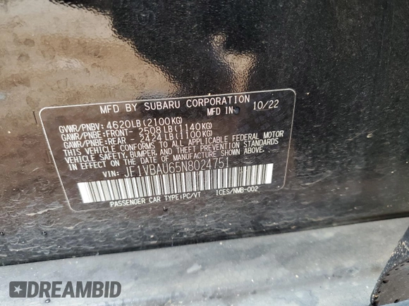 2022 Subaru WRX GT with VIN JF1VBAU65N8024751, listed as a Copart auction lot 44621315 with 42,999 mi miles and Salvage title. Bid and sale history available at DreamBid. Image 14.