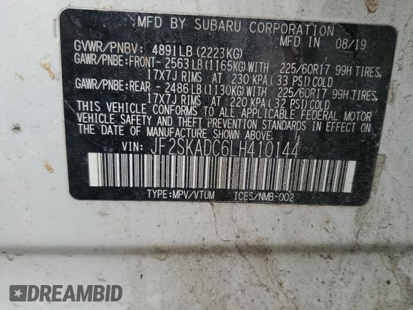 2020 Subaru Forester with VIN JF2SKADC6LH410144, listed as a Copart auction lot 53357185 with 84,873 mi miles and Salvage Title. Bid and sale history available at carsss.com. Image 13.