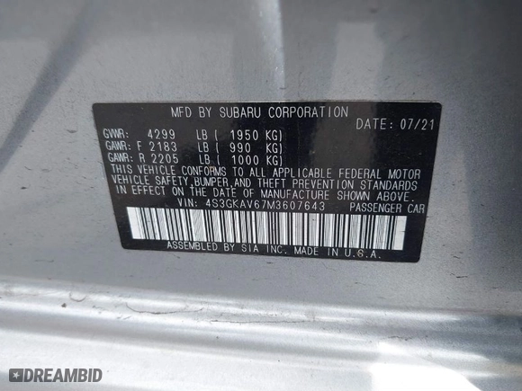 2021 Subaru Impreza Premium with VIN 4S3GKAV67M3607643, listed as a IAAI auction lot 41601168 with 25,703 mi miles. Bid and sale history available at carsss.com. Image 9.