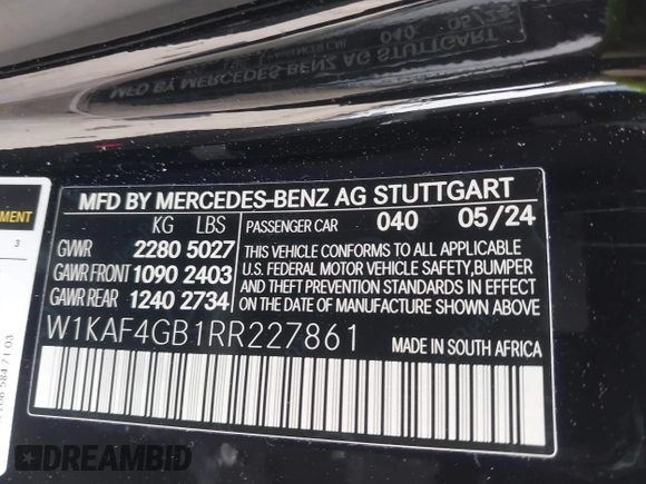 2024 Mercedes-Benz C 300 with VIN W1KAF4GB1RR227861, listed as a IAAI auction lot 41380978 with 6,890 mi miles and . Bid and sale history available at DreamBid. Image 9.