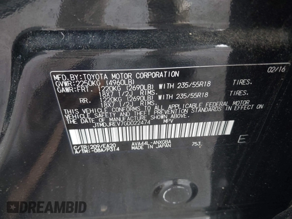 2016 Toyota RAV4 Limited with VIN JTMDJREV7GD022474, listed as a IAAI auction lot 42232846 with 81,810 mi miles and . Bid and sale history available at DreamBid. Image 9.