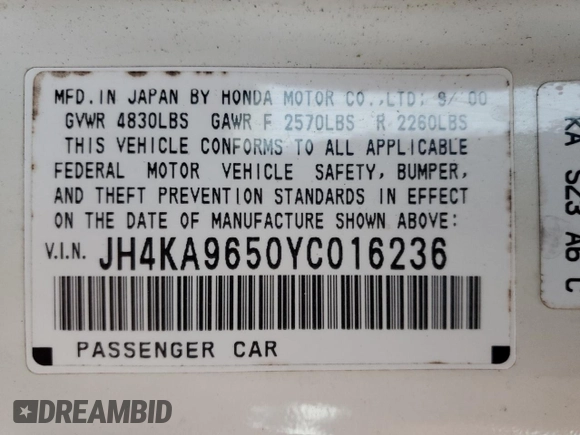 2000 Acura RL with VIN JH4KA9650YC016236, listed as a Copart auction lot 77816643 with 165,172 mi miles and Salvage Title. Bid and sale history available at carsss.com. Image 13.