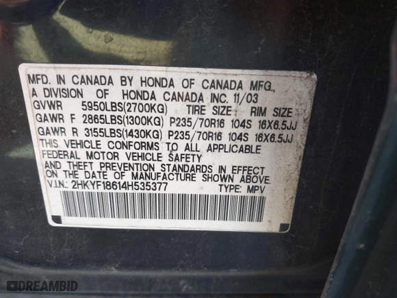 2004 Honda Pilot EX with VIN 2HKYF18614H535377, listed as a IAAI auction lot 42099729 with 362,460 mi miles. Bid and sale history available at carsss.com. Image 9.