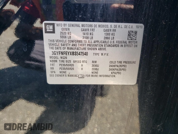 2011 Cadillac SRX Premium Collection with VIN 3GYFNFEYXBS547540, listed as a Copart auction lot 62563895 with 107,136 mi miles and Salvage title. Bid and sale history available at DreamBid. Image 12.