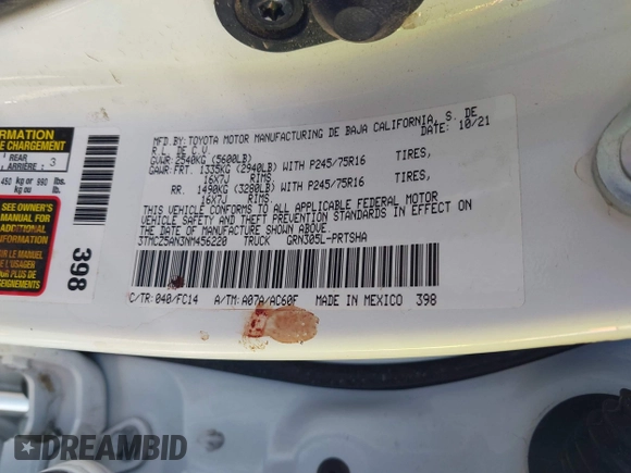 2022 Toyota Tacoma SR with VIN 3TMCZ5AN3NM456220, listed as a IAAI auction lot 41286882 with Not provided miles and . Bid and sale history available at DreamBid. Image 9.