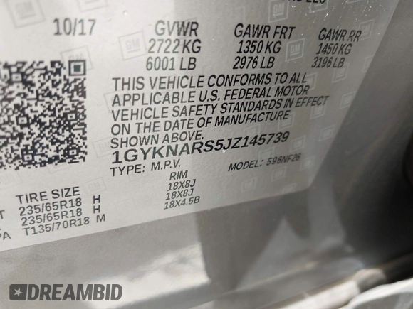 2018 Cadillac XT5 FWD with VIN 1GYKNARS5JZ145739, listed as a IAAI auction lot 42443337 with 50,917 mi miles and . Bid and sale history available at DreamBid. Image 9.