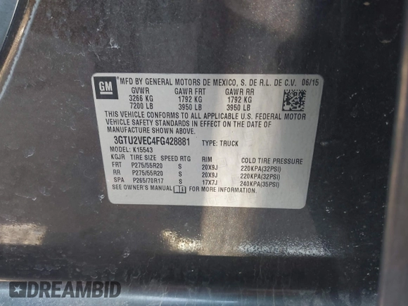 2015 GMC Sierra 1500 SLT with VIN 3GTU2VEC4FG428881, listed as a IAAI auction lot 41779451 with 150,115 mi miles and . Bid and sale history available at DreamBid. Image 9.
