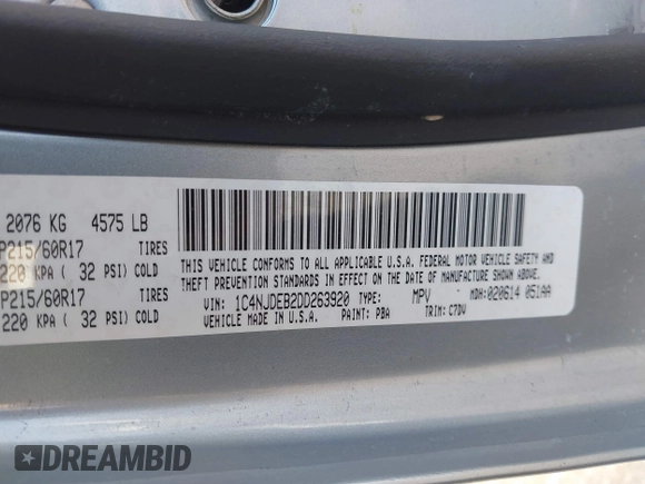 2013 Jeep Compass Latitude with VIN 1C4NJDEB2DD263920, listed as a IAAI auction lot 41832542 with 128,018 mi miles. Bid and sale history available at carsss.com. Image 9.