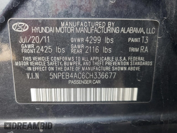 2012 Hyundai Sonata GLS with VIN 5NPEB4AC6CH336677, listed as a Copart auction lot 52962685 with 112,585 mi miles and Salvage Title. Bid and sale history available at carsss.com. Image 13.