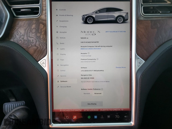2017 Tesla Model X 90D z VIN 5YJXCAE27HF044791, wystawiony jako Copart lot #46040655 z przebiegiem 149 509 mil mil oraz Szkody całkowita. Historia ofert i sprzedaży dostępna na DreamBid. Obrazek 9.