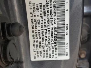 2013 Honda Civic LX with VIN 19XFB2F57DE212202, listed as a Copart auction lot 54188345 with 121,369 mi miles and Salvage Title. Bid and sale history available at DreamBid. Image 12.