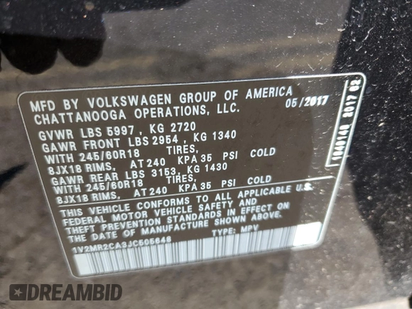 2018 Volkswagen Atlas 3.6L V6 SEL with VIN 1V2MR2CA3JC505648, listed as a Copart auction lot 48658235 with 68,455 mi miles and Salvage Title. Bid and sale history available at carsss.com. Image 12.