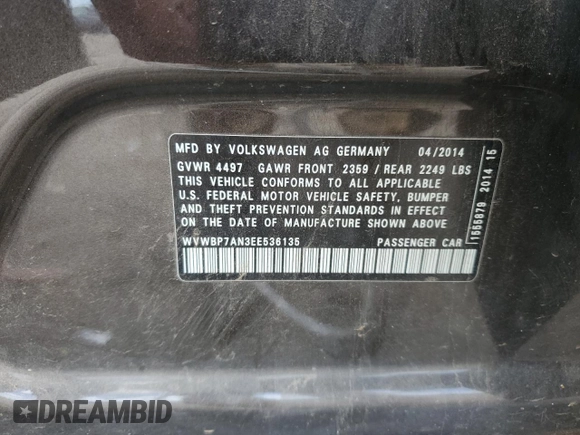 2014 Volkswagen CC R-Line with VIN WVWBP7AN3EE536135, listed as a Copart auction lot 68333454 with 137,862 mi miles and Salvage Title. Bid and sale history available at carsss.com. Image 13.