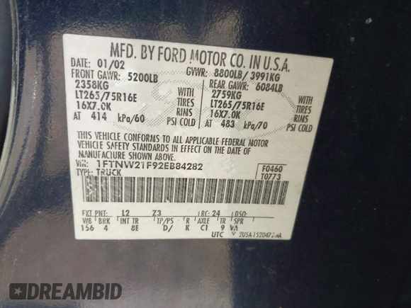 2002 Ford F-250 XL z VIN 1FTNW21F92EB84282, wystawiony jako IAAI lot #41925830 z przebiegiem 351 610 mil mil oraz . Historia ofert i sprzedaży dostępna na DreamBid. Obrazek 9.