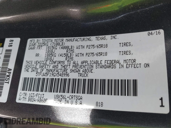 2016 Toyota Tundra 4WD Truck SR with VIN 5TFUW5F19GX548996, listed as a IAAI auction lot 41607605 with 101,194 mi miles. Bid and sale history available at carsss.com. Image 9.