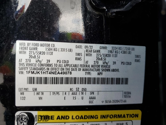 2022 Ford Expedition Max XLT z VIN 1FMJK1HT4NEA49078, wystawiony jako Copart lot #44377275 z przebiegiem 49 055 mil mil oraz Szkoda całkowita • Salvage title. Historia ofert i sprzedaży dostępna na DreamBid. Obrazek 13.
