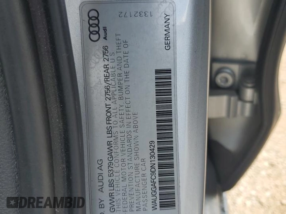 2013 Audi A6 Premium Plus with VIN WAUGGAFC9DN130429, listed as a Copart auction lot 63611005 with 146,580 mi miles and Salvage title. Bid and sale history available at DreamBid. Image 12.