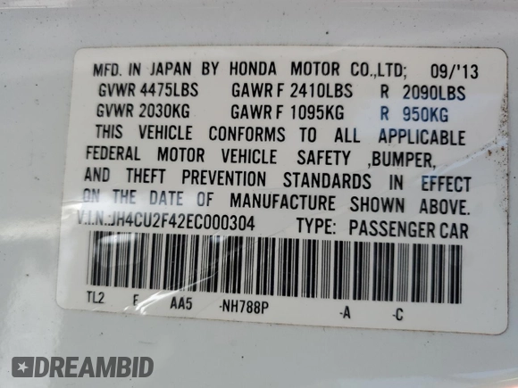 2014 Acura TSX with VIN JH4CU2F42EC000304, listed as a Copart auction lot 53564265 with 92,231 mi miles and Clean title. Bid and sale history available at DreamBid. Image 12.