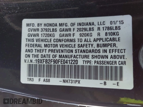 2015 Honda Civic EX-L with VIN 19XFB2F90FE041220, listed as a IAAI auction lot 41812126 with 152,667 mi miles and . Bid and sale history available at DreamBid. Image 9.