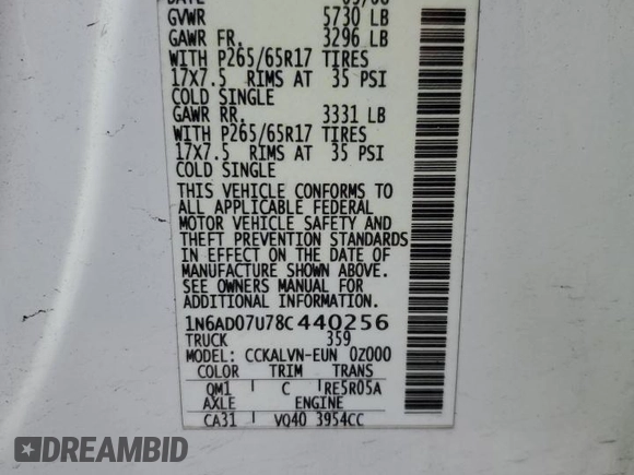 2008 Nissan Frontier SE with VIN 1N6AD07U78C440256, listed as a Copart auction lot 44203755 with 244,710 mi miles and Clean title. Bid and sale history available at DreamBid. Image 12.