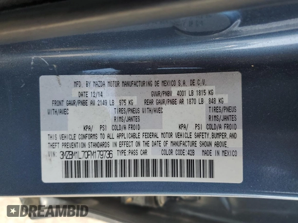 2015 Mazda 3 i Touring with VIN 3MZBM1L70FM179736, listed as a Copart auction lot 61603725 with 113,367 mi miles and Salvage title. Bid and sale history available at DreamBid. Image 12.