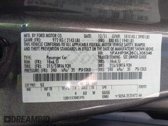 2012 Ford Focus SE with VIN 1FAHP3K28CL308346, listed as a IAAI auction lot 42034073 with 182,387 mi miles and . Bid and sale history available at carsss.com. Image 9.