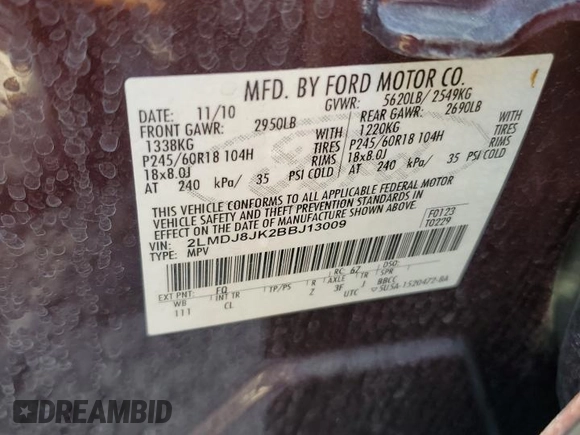 2011 Lincoln MKX with VIN 2LMDJ8JK2BBJ13009, listed as a Copart auction lot 70533664 with 93,933 mi miles and Salvage Title. Bid and sale history available at DreamBid. Image 12.