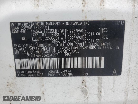 2012 Toyota RAV4 with VIN 2T3BF4DV3CW264527, listed as a Copart auction lot 64467775 with 110,212 mi miles and Salvage title. Bid and sale history available at DreamBid. Image 13.