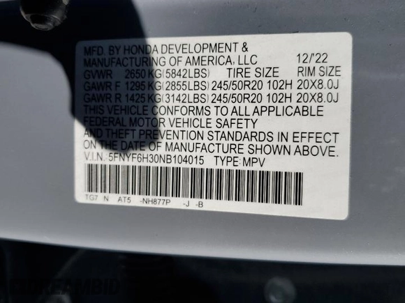 2022 Honda Pilot Sport with VIN 5FNYF6H30NB104015, listed as a Copart auction lot 80616794 with 17,647 mi miles and Clean Title. Bid and sale history available at DreamBid. Image 15.
