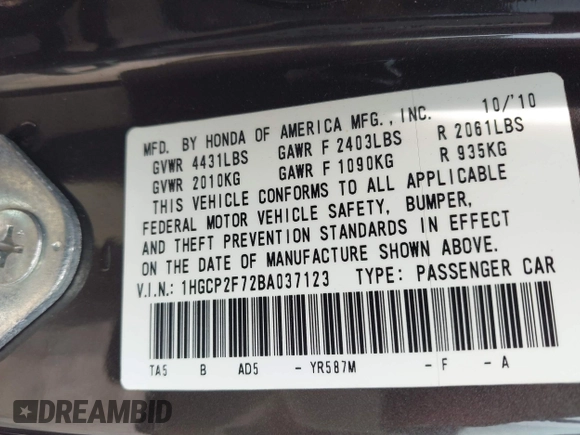 2011 Honda Accord EX с VIN 1HGCP2F72BA037123, выставлен на аукционе IAAI как лот 42438929 с пробегом 104 232 миль миль и . История ставок и продаж доступна на DreamBid. Изображение 9.