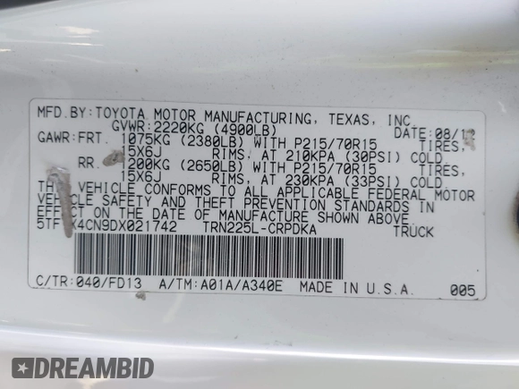 2013 Toyota Tacoma with VIN 5TFTX4CN9DX021742, listed as a IAAI auction lot 41996671 with 125,959 mi miles and . Bid and sale history available at DreamBid. Image 9.