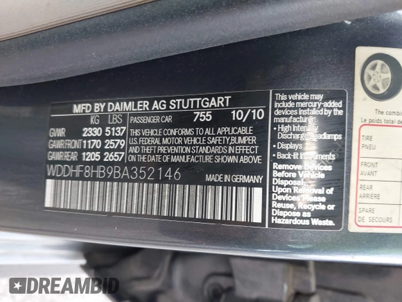 2011 Mercedes-Benz E 350 Luxury with VIN WDDHF8HB9BA352146, listed as a IAAI auction lot 42216234 with 124,723 mi miles and . Bid and sale history available at DreamBid. Image 9.