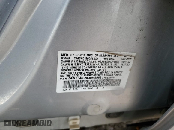 2012 Honda Pilot Touring with VIN 5FNYF4H99CB046962, listed as a Copart auction lot 51445835 with 112,206 mi miles and Salvage Title. Bid and sale history available at DreamBid. Image 15.