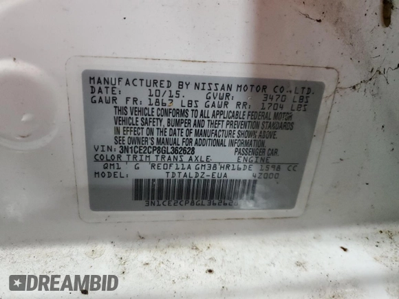 2016 Nissan Note S Plus with VIN 3N1CE2CP8GL362628, listed as a Copart auction lot 75544324 with 9,433 mi miles and Salvage Title. Bid and sale history available at DreamBid. Image 14.