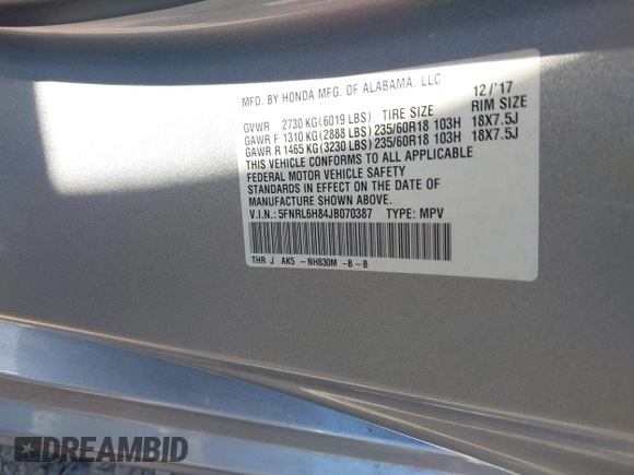 2018 Honda Odyssey Touring with VIN 5FNRL6H84JB070387, listed as a IAAI auction lot 41835852 with 98,662 mi miles. Bid and sale history available at carsss.com. Image 9.
